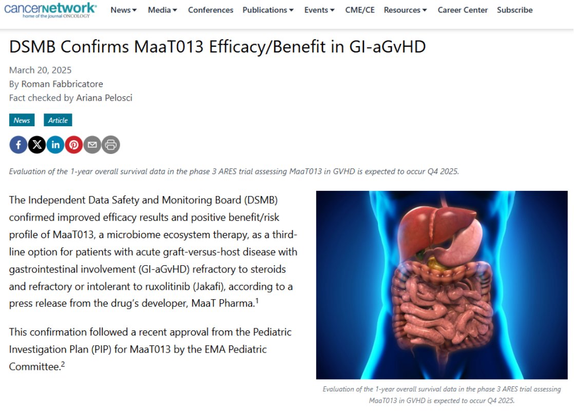 📰 MaaT Pharma in <a href="/CancerNetwrk/">CancerNetwork®</a> !
We’re thrilled to see our latest achievement covered in <a href="/CancerNetwrk/">CancerNetwork®</a> with Roman Fabbricatore highlighting our phase 3 ARES results, confirming MaaT013’s positive benefit/risk profile and its potential as a third-line treatment for GI-aGvHD.
