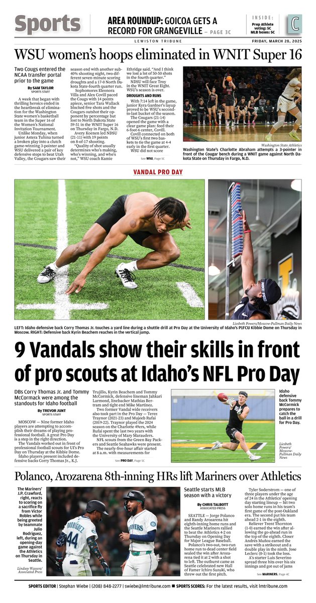 Lewiston Tribune Sports (@lewtrib_sports) on Twitter photo Friday's sports cover: #WSU women's 🏀 is out of the #WNIT in the Super 16; Nine Vandals show out at #Idaho's NFL Pro Day; and the <a href="/Mariners/">Seattle Mariners</a> win on Opening Day courtesy of a pair of eighth-inning home runs. Friday's sports cover: #WSU women's 🏀 is out of the #WNIT in the Super 16; Nine Vandals show out at #Idaho's NFL Pro Day; and the <a href="/Mariners/">Seattle Mariners</a> win on Opening Day courtesy of a pair of eighth-inning home runs.