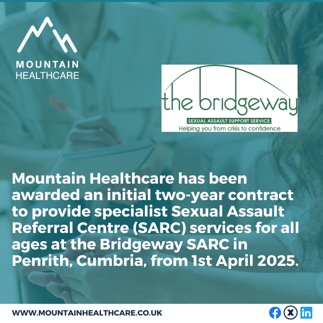 Mountain Healthcare has been awarded the contract to provide specialist Sexual Assault Referral Centre (SARC) services for all ages at the Bridgeway SARC in Penrith, Cumbria, from 1st April 2025.

Read the full article here: mountainhealthcare.co.uk/new-contract-t…