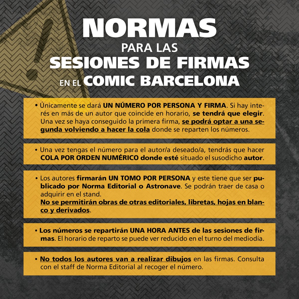 Norma Editorial (@normaeditorial) on Twitter photo ¡Mañana empieza el <a href="/COMIC_bcn/">COMIC BARCELONA</a>!😃
Allí nos podrás encontrar como siempre y en compañía de muchos nombres conocidos.
Conoce ya los horarios y normas de las sesiones de firmas ✍ de los autores que estarán en nuestro stand.
¡¿Preparado?!😉 ¡Mañana empieza el <a href="/COMIC_bcn/">COMIC BARCELONA</a>!😃
Allí nos podrás encontrar como siempre y en compañía de muchos nombres conocidos.
Conoce ya los horarios y normas de las sesiones de firmas ✍ de los autores que estarán en nuestro stand.
¡¿Preparado?!😉