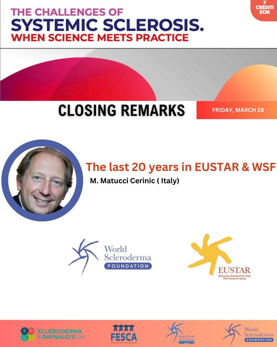 🔹 Closing Lecture &amp; 20 Years of <a href="/EUSTAR_org/">EUSTAR</a>  &amp; WSF: Reflecting on Two Decades of SSc Research &amp; Looking Ahead. A look back at 20 years of advancements in SSc research, collaborations, and the future directions of the World Scleroderma Foundation &amp; <a href="/EUSTAR_org/">EUSTAR</a> .