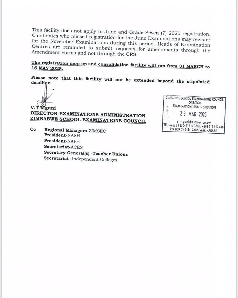 ZIMSEC confirms EXTENSION for candidates registration.