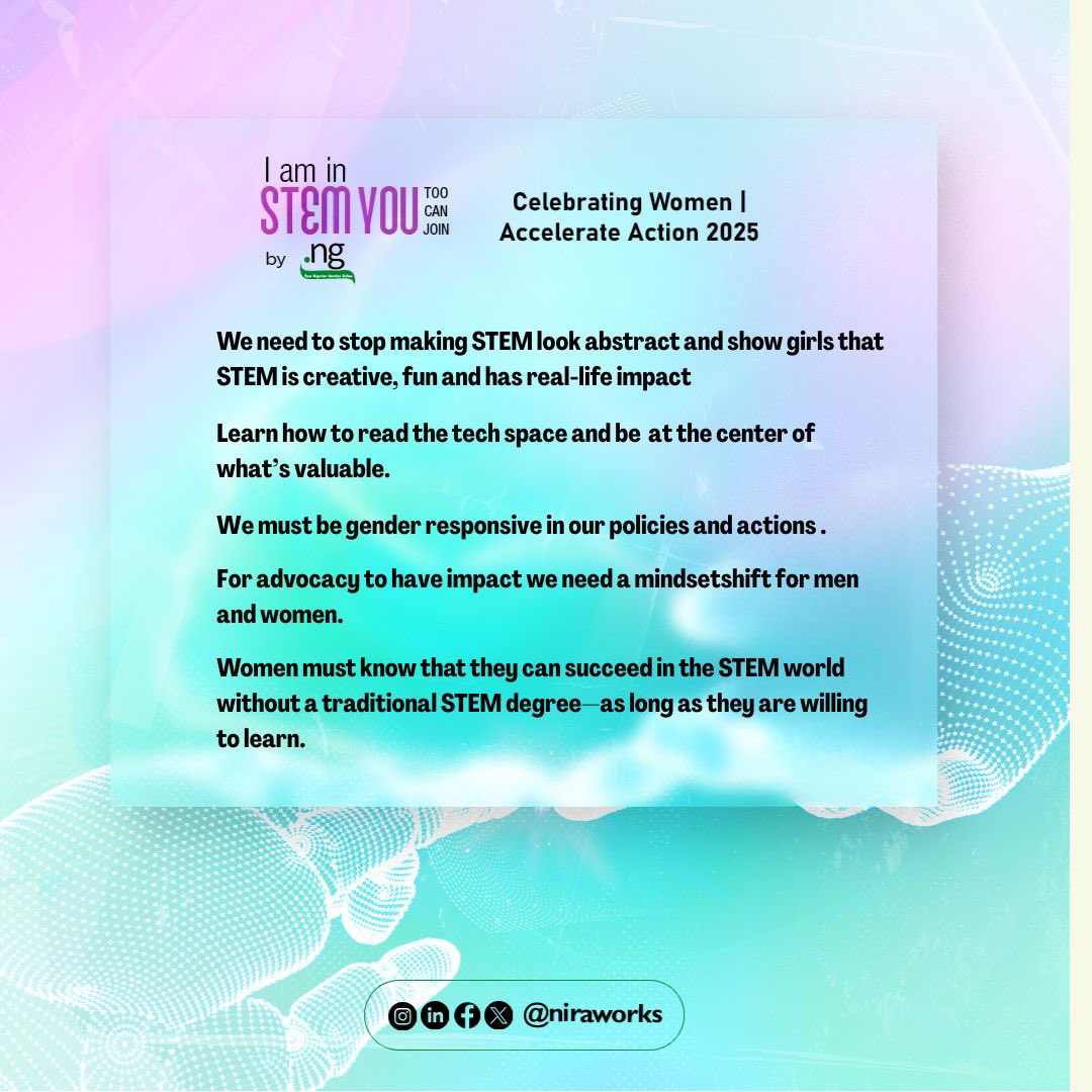niraworks's tweet photo. So much to learn, so many actionable takeaways from our I AM IN STEM, YOU TOO CAN JOIN series!

A huge shoutout to @AdoraNwodo, @Omolarablaq, @SeunRunsewe @nnenna, &amp;Toluwani Owoeye for sharing their journeys.

Which lesson resonated with you the most?

#WomenInSTEM #ng4stem https://t.co/3qyJE1mobt