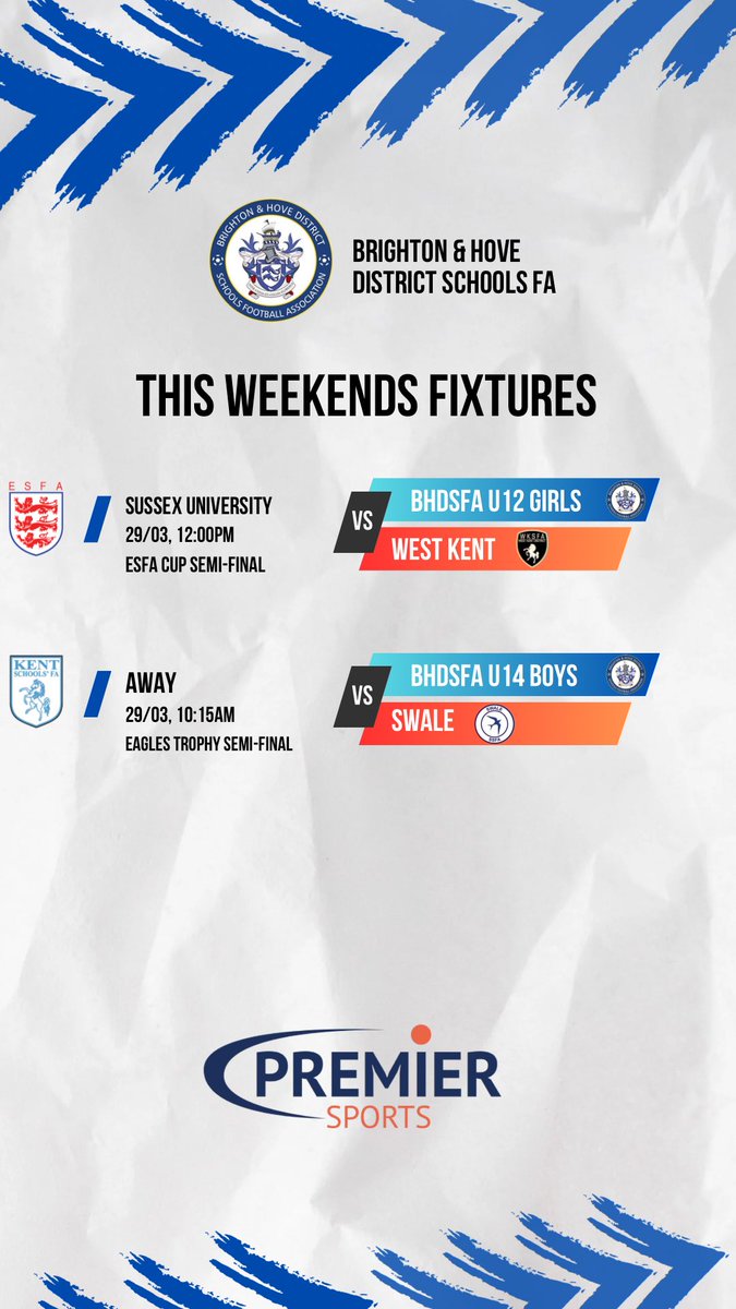 Brighton & Hove District Schools FA (@bhdsfa) on Twitter photo ππππ-π
ππππ πππππππ!
β½ BHDSFA U12 Girls π<a href="/WestKentSFA/">West Kent SFA</a>
π Sussex University
β° 12:00PM
π ESFA Cup Semi-Final
β½ BHDSFA U14 Boys π<a href="/SwaleSsfa/">Swale Schools FA</a>
π Away
β° 10:15AM
π Eagles Trophy Semi-Final
Good luck to both teams! #BHDSFA #SemiFinals ππππ-π
ππππ πππππππ!
β½ BHDSFA U12 Girls π<a href="/WestKentSFA/">West Kent SFA</a>
π Sussex University
β° 12:00PM
π ESFA Cup Semi-Final
β½ BHDSFA U14 Boys π<a href="/SwaleSsfa/">Swale Schools FA</a>
π Away
β° 10:15AM
π Eagles Trophy Semi-Final
Good luck to both teams! #BHDSFA #SemiFinals