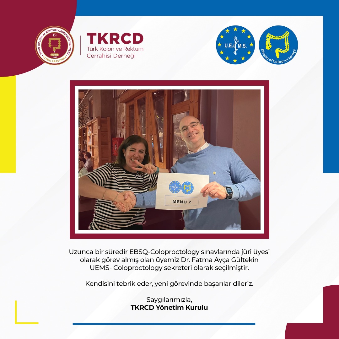 TKRCD_'s tweet photo. Uzunca bir süredir EBSQ-Coloproctology sınavlarında jüri üyesi olarak görev almış olan üyemiz Dr. Fatma Ayça Gültekin UEMS-Coloproctology sekreteri olarak seçilmiştir.

Kendisini tebrik eder, yeni görevinde başarılar dileriz. https://t.co/DYtwwXtkp0