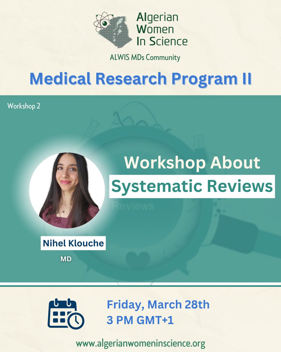 MRP Workshop- 2: Systematic Reviews

The session will feature Dr. Nihel Klouche for comprehensive guidance on how to make a systematic review.

🗓 Friday, March 28th

🕙 3 PM (GMT+1)

❗Access is limited to participants accepted to the program.