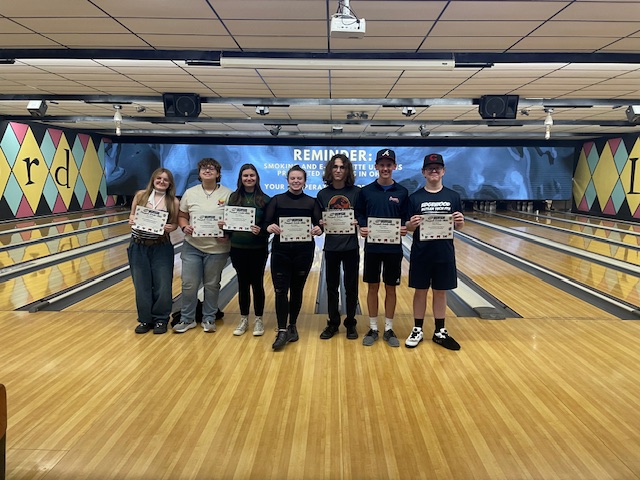 Cougar Bowling team had 7 students receive The SWBL all academic certificate. This is awarded to athletes with a GPA of 3.5 or better. From left to right. Maliyah Ehrnsberger, Lauren Johnson, Gracie McQueen, Breanna Colfax, Anthony Carlotta, Trent Stewart, Colton Troutman.