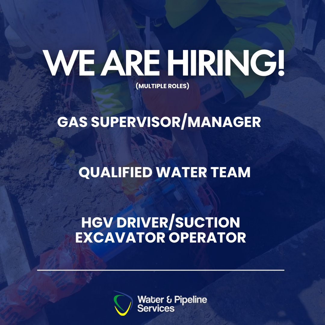 Water &amp; Pipeline Services are looking for skilled professionals to join our team in the following full-time, permanent positions.

If you are interested, or want to know more information, please get in touch – office@waterandpipelineservices.co.uk