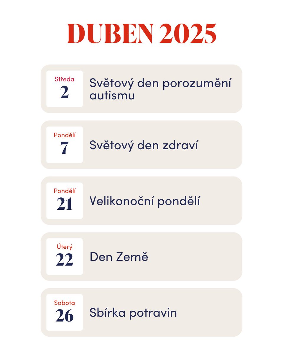 Duben plný laskavosti 🌿👀

👉 2. 4. – Světový den porozumění autismu
👉 7. 4. – Světový den zdraví
👉 21. 4. – Velikonoční pondělí
👉 22. 4. – Den Země
👉 26. 4. – <a href="/sbirkapotravin/">Sbírka potravin</a> 

Každý laskavý skutek se počítá. Přidejte se k nám a udělejme duben lepším. ✨