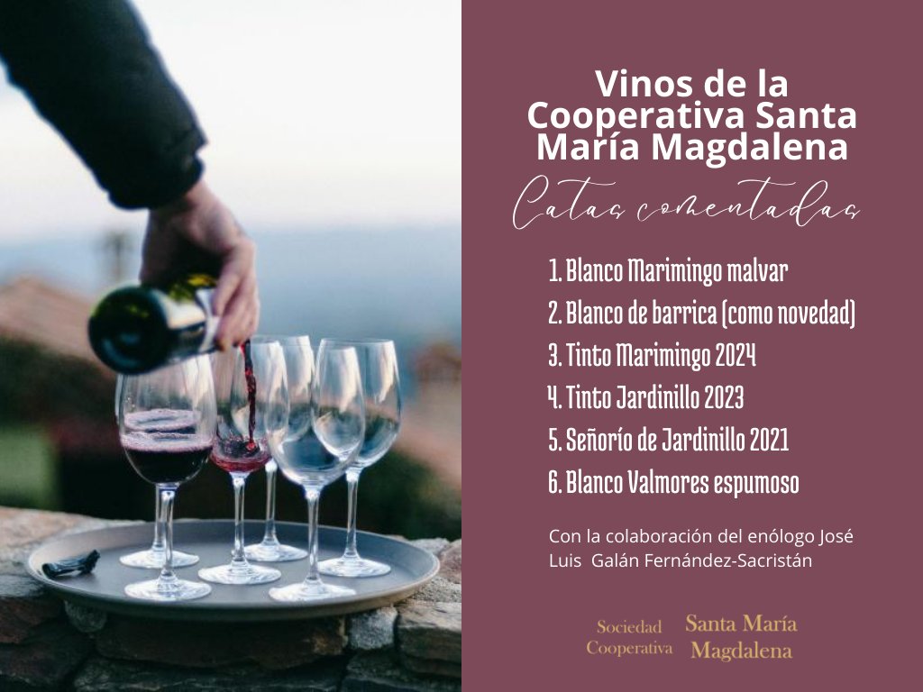 ❗Cata de Vinos de la Cooperativa Santa María Magdalena

👉Queda una semana y os venimos a presentar los vinos que se probarán:

🗣Contarán con la colaboración del enólogo José Luis Galán Fernández-Sacristán, quien se encargará de explicar los aspectos de los diferentes vinos.
