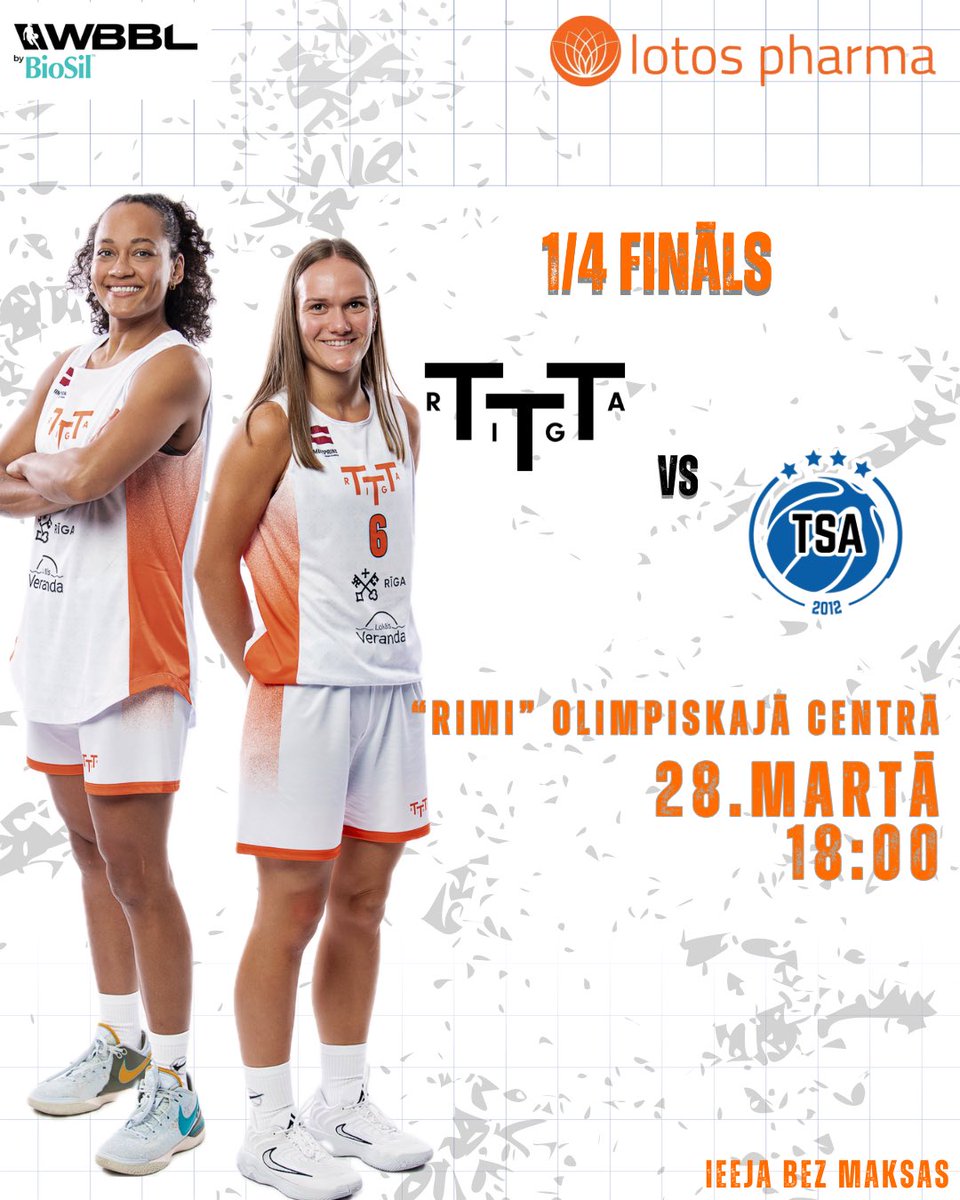 Šodien, 28. martā
TTT-Rīga spēlēs 
🆚 TSA/CITYTEED Tallinn
⌚️18:00
📍”Rimi” olimpiskais centrs
📺 youtube.com/live/ugZvTJmU0…
📊 m.womenbbl.com/games/view/120…
🏀 tttriga.lv/jaunumi/ttt-iz…