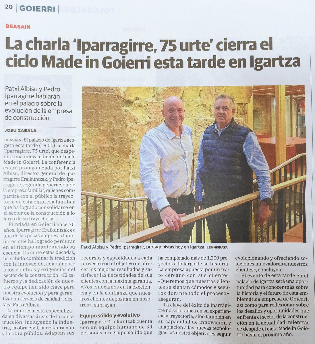 Gaurko hitzaldiaren berri Diario Vascon