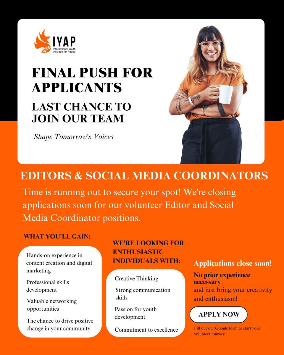 IYAP_org's tweet image. Final Call! 

Passionate about storytelling &amp;amp; keen on refining content?  Join Bloggers Collective as a Volunteer Editor &amp;amp; help shape impactful narratives 

 Don’t miss out—apply now!
 [bit.ly/4iuSoBC]

#BloggersCollective #VolunteerEditor #AmplifyVoices #WriteForChange