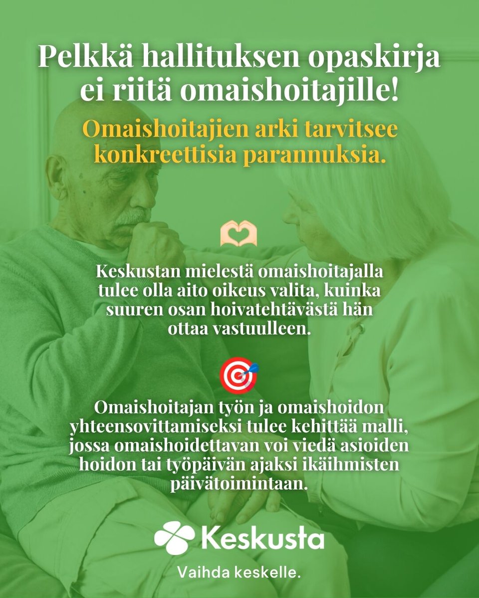 Orpon-Purran hallitus on tarjoamassa omaishoitajille vain opaskirjaa arkeen. Tämä ei riitä! 

Keskustan tahtotilana on, että omaishoitajien tilannetta parannetaan. 🫶