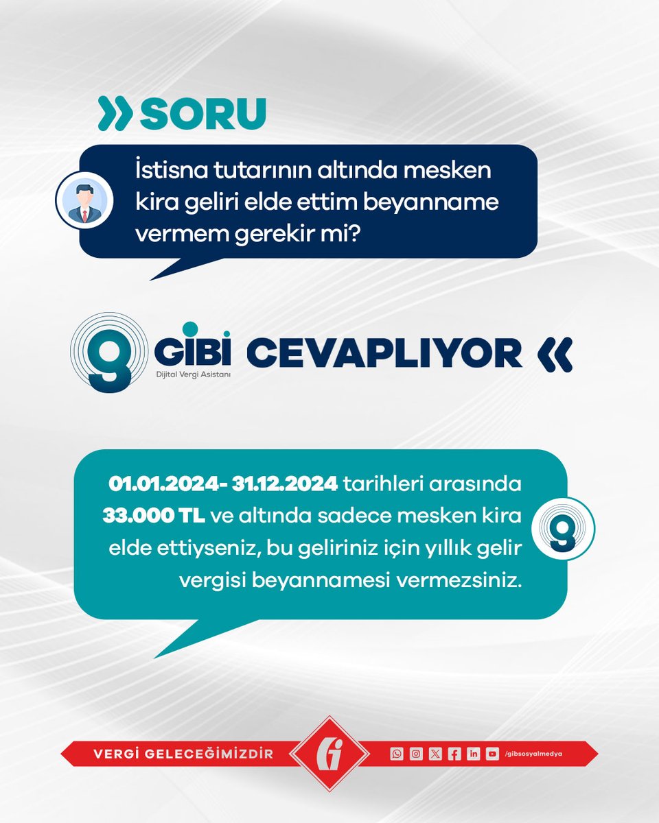 #GİBİCevaplıyor🤖

Yapay zeka destekli makine öğrenmesi ile çalışan Dijital Vergi Asistanı-GİBİ’ye mevzuatla ilgili genel nitelikteki sorularınızı sorabilirsiniz.

gib.gov.tr/node/170911

#GİB #VergiGeleceğimizdir