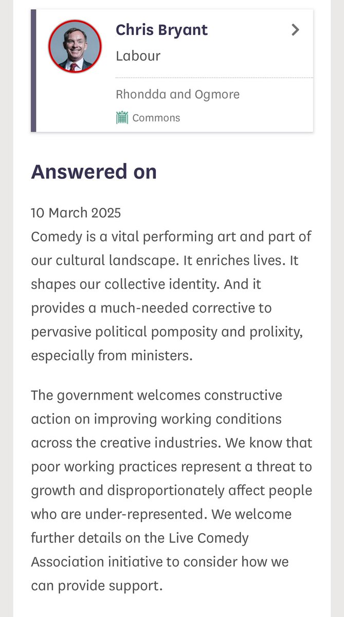 Live Comedy Association (LCA) (@livecomedyuk) on Twitter photo Huge thanks to <a href="/JamesFrith/">James Frith MP</a> & <a href="/RhonddaBryant/">Chris Bryant</a> for this exchange about importance of live comedy <a href="/DCMS/">Department for Culture, Media and Sport</a> “Comedy provides a much-needed corrective to pervasive political pomposity & prolixity, esp from ministers.” Chris Bryant Minister of State for Media Tourism & Creative Industries Huge thanks to <a href="/JamesFrith/">James Frith MP</a> & <a href="/RhonddaBryant/">Chris Bryant</a> for this exchange about importance of live comedy <a href="/DCMS/">Department for Culture, Media and Sport</a> “Comedy provides a much-needed corrective to pervasive political pomposity & prolixity, esp from ministers.” Chris Bryant Minister of State for Media Tourism & Creative Industries