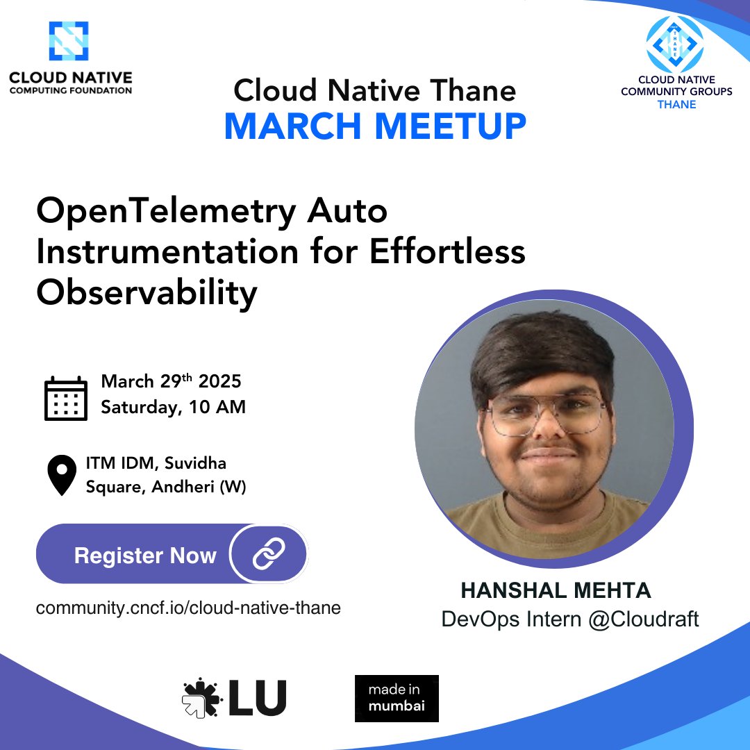 cncfthane's tweet image. 🎉 Speaker Announcement 

We&apos;d like to welcome Hanshal Mehta ( @MehtaHanshal ) as a speaker for our upcoming March Monthly Meetup on 29th March

📷 Topic : OpenTelemetry Auto Instrumentation for Effortless Observability

RSVP: community.cncf.io/events/details…

#CNCFThane #CloudNative