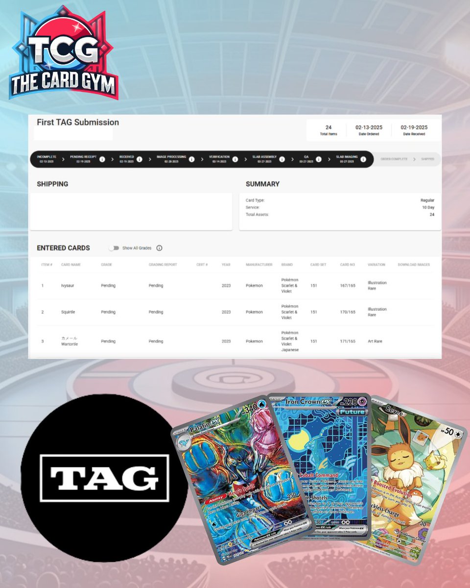 TheCardGym's tweet image. 🚨 TAG Grading Update 🚨

Bad news: Our Pokémon slabs won’t be back in time for the card show. 😭

Good news: They just hit Slab Imaging, so we’re almost there! 🔥

Huge thanks to @TAGGrading—can’t wait to see them finished!

#PokemonTCG #TAGGrading #GradedCards