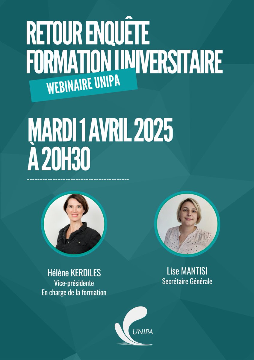 📢 Webinaire UNIPA : Résultats de l’Enquête sur la Formation Universitaire IPA 🎓💡

Le Syndicat UNIPA vous donne rendez-vous le mardi 1er avril 2025 pour un webinaire sur les résultats de notre enquête nationale sur la formation universitaire des Infirmiers en Pratique Avancée.