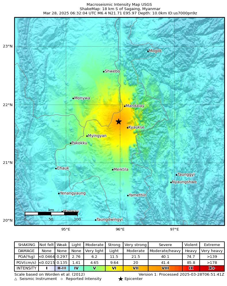 Today Earthquakes 
7.7 (16km NNW of Sagaing, Myanmar) 
6.4 (18km S of Sagaing, Myanmar) 
#Earthquake #Myanmar