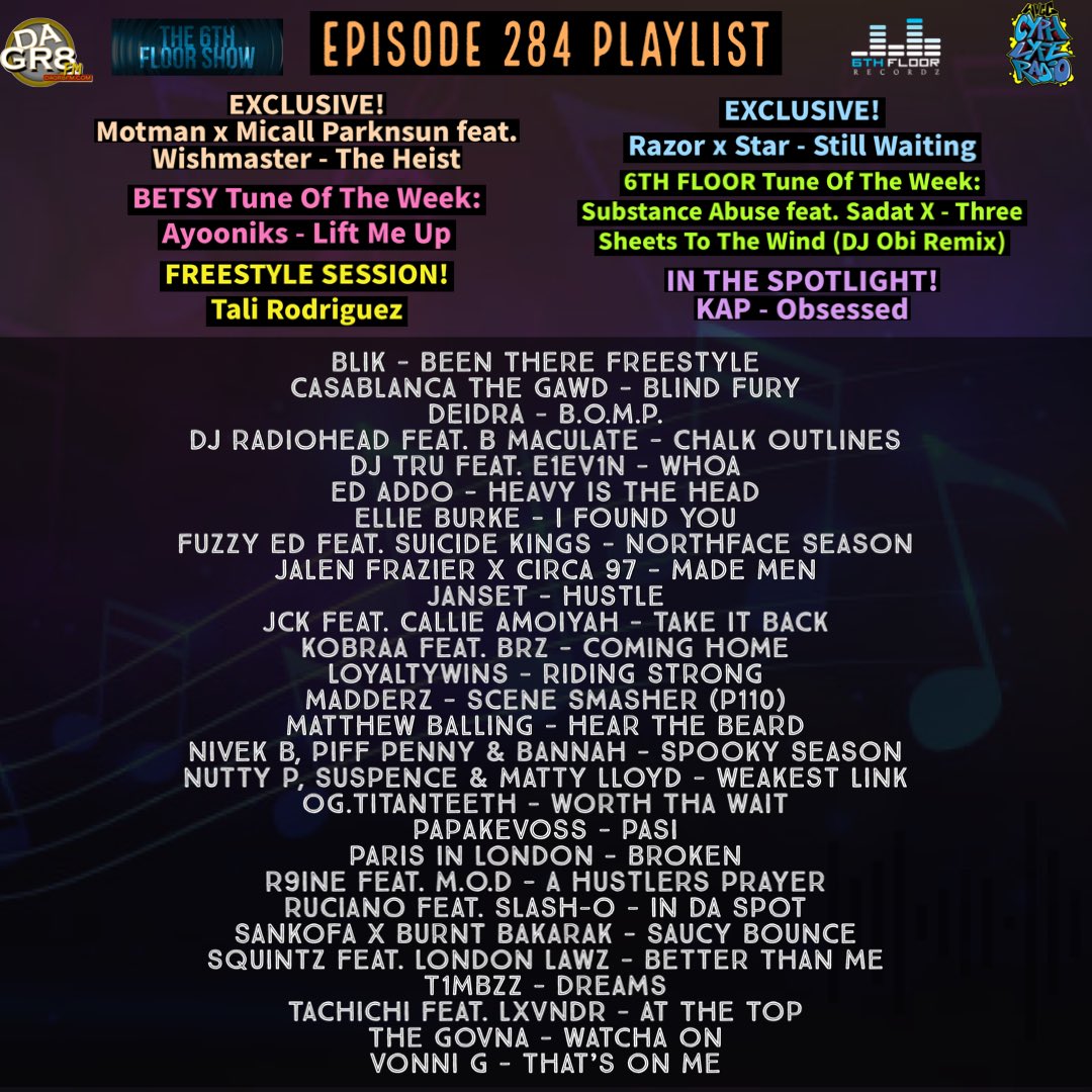 Episode 284 #ComingSoon 01/04/25 #The6thFloorShow

<a href="/MotmanOfficial/">Motman</a> <a href="/MicallParknsun/">Micall Parknsun</a> <a href="/wishmaster_or/">Wish Master</a> <a href="/Razorartist/">Alter Ego</a> <a href="/StarMckenzie_/">Star Mckenzie</a> <a href="/Talirod79/">Tali Rodriguez</a> <a href="/ayooniks/">ayooniks</a> <a href="/yes_im_blik/">BLIK</a> <a href="/Casathegawd/">Casablanca the Gawd</a> <a href="/djradiohead519/">TᕼE ᖇᗩᗪIOᕼEᗩᗪ 🔬</a> <a href="/edacregreen/">Ed Addo</a> <a href="/ellieburkemusi1/">Ellie Burke</a> <a href="/thefuzzyedge20/">thefuzzyedge</a>