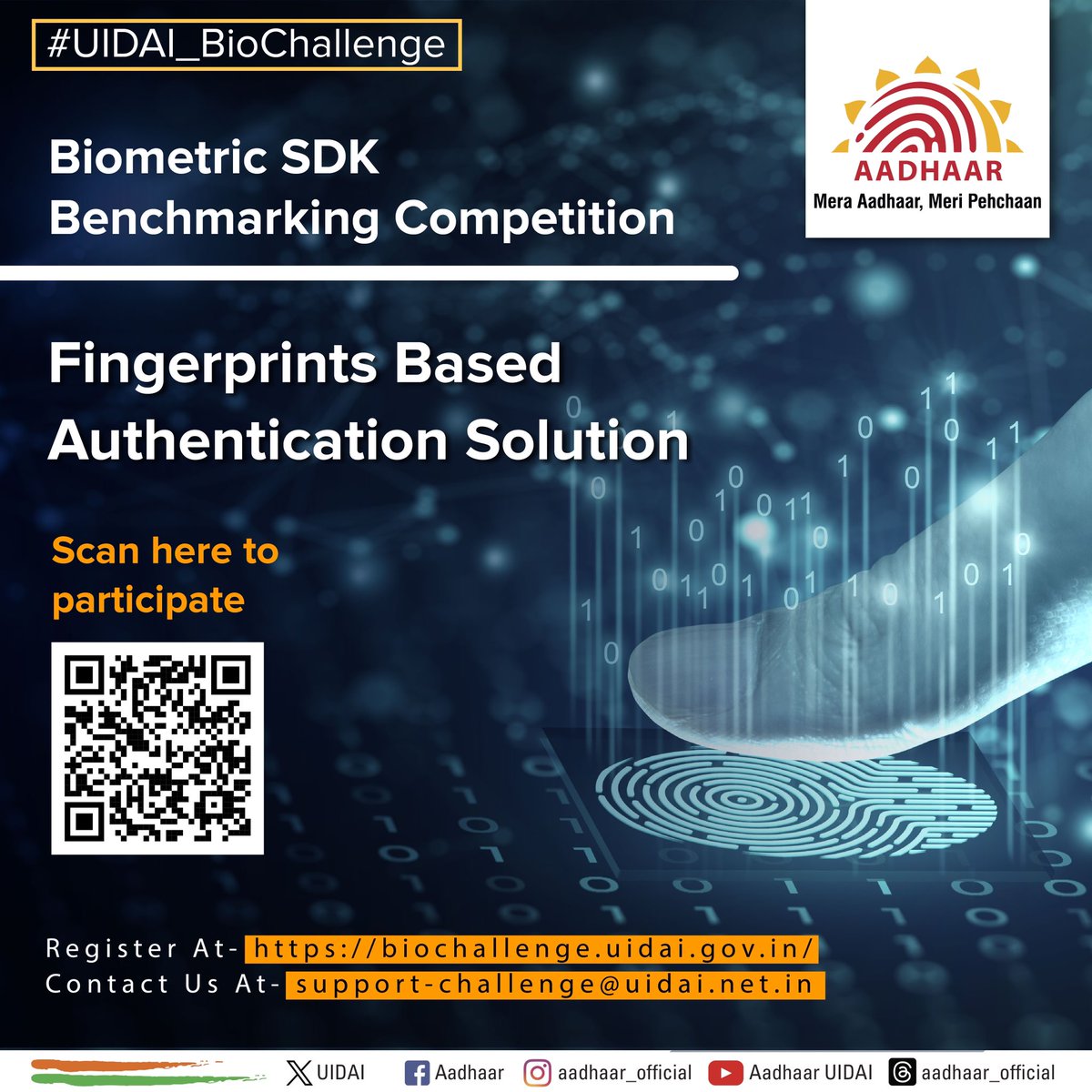 UIDAI's tweet image. UIDAI launches biometric challenge to test age invariance in fingerprint algorithms. The first phase of the Biometric SDK Benchmarking challenge focuses on fingerprint authentication.

Researchers and developers globally are invited to enhance their biometric models using UIDAI&apos;s…