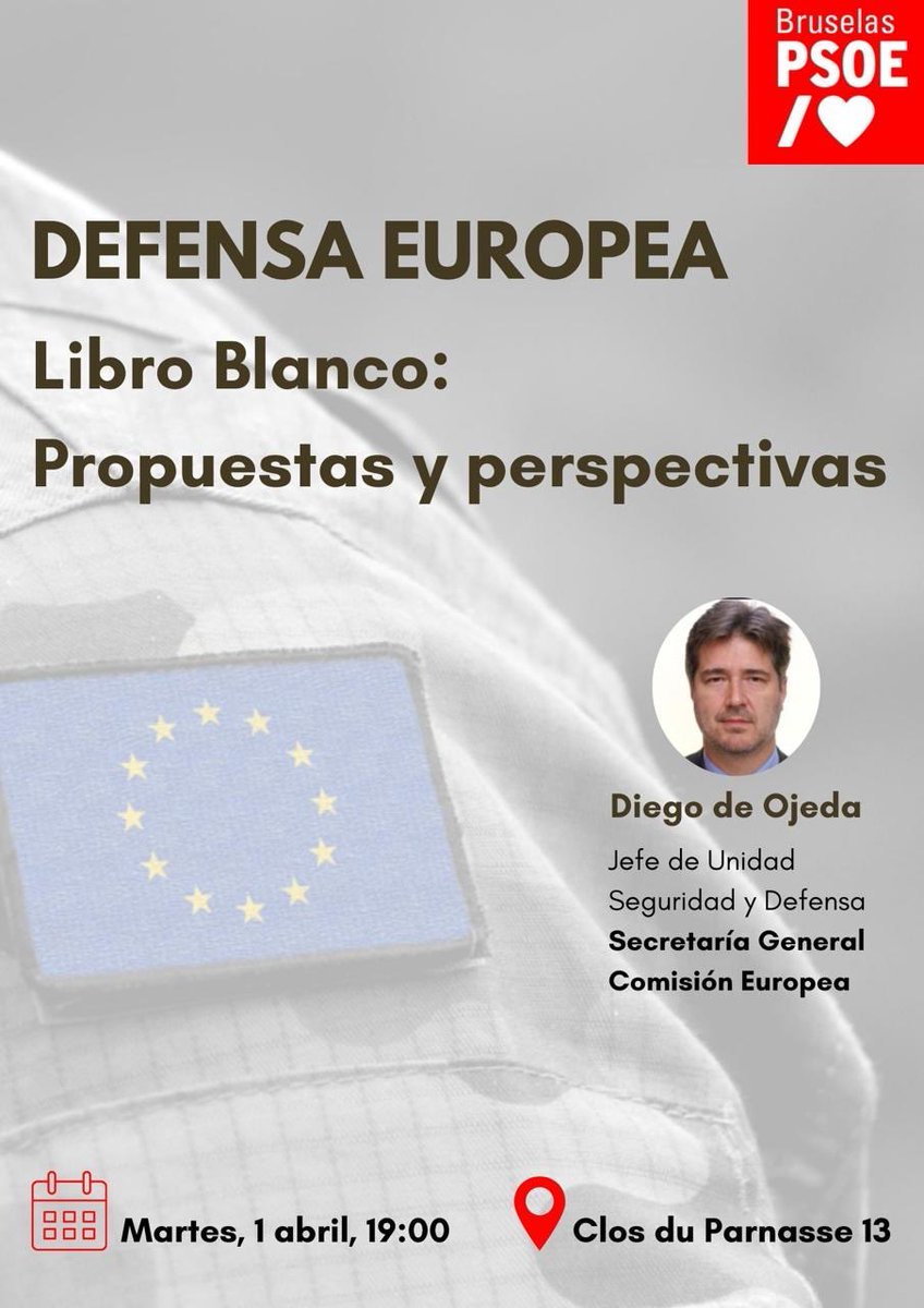 #DefensaEuropea
No te pierdas nuestro evento con Diego de Ojeda - Jefe de Unidad, Seguridad y Defensa, SG Comisión Europea!🇪🇺

Hablaremos del #LibroBlanco de la Defensa, sus perspectivas y propuestas.

🗓️Martes 1-abr 19:00
📍Clos de Parnasse 13

Registro🔽
eventbrite.es/e/defensa-euro…