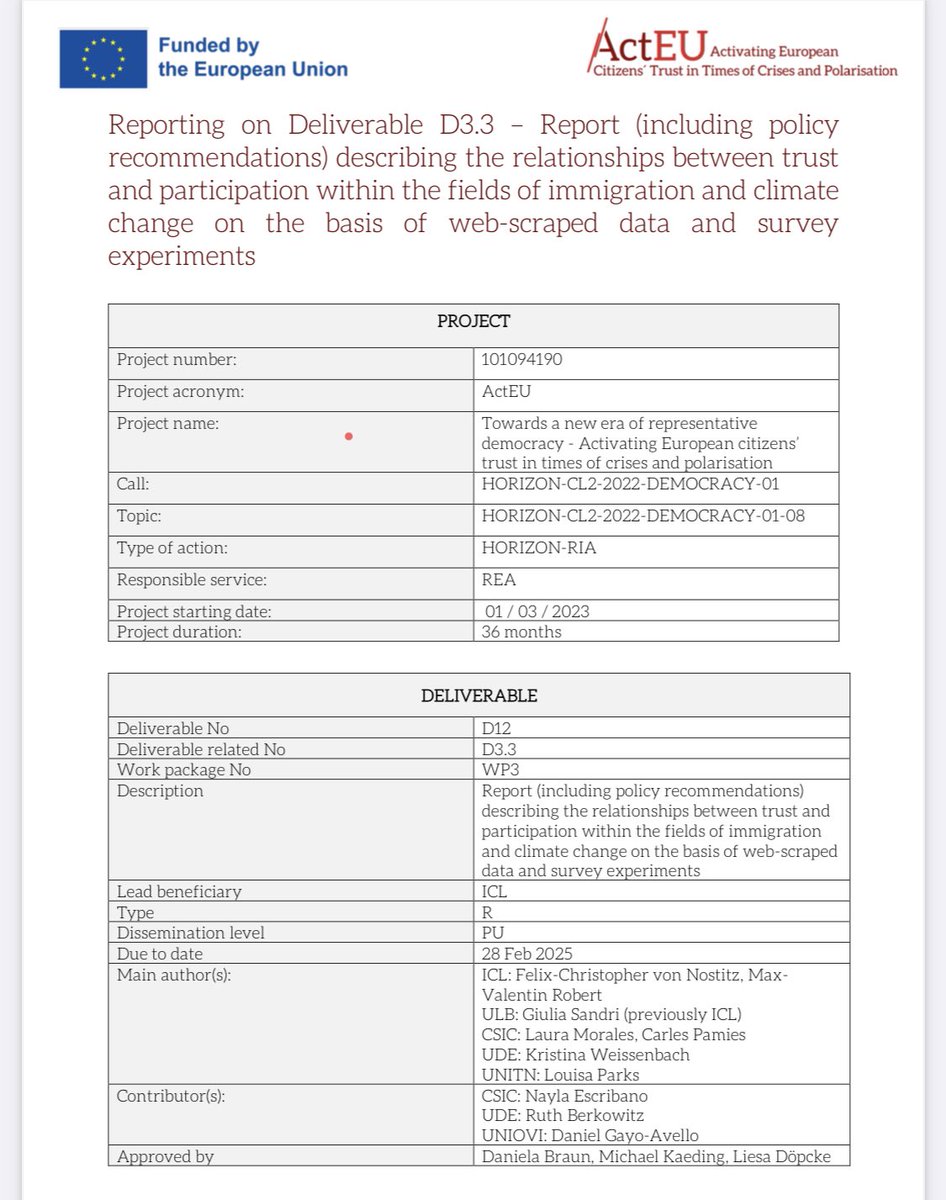 📣New #ActEU report out!
We explore how trust in government influences political participation on immigration &amp; climate change, using web data &amp; survey experiments.
Includes key policy recommendations!
Read here: digital.csic.es/bitstream/1026…
#HorizonEurope #Trust #Democracy