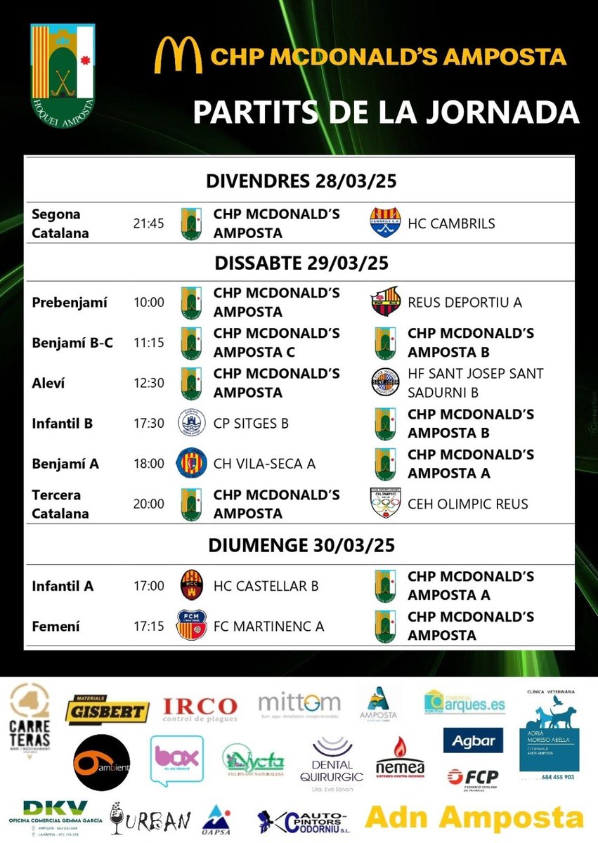 Jornada de partits 🏑🥅 #ChpMcDonaldsAmposta 
📅 28-29-30 Març
#hoquei