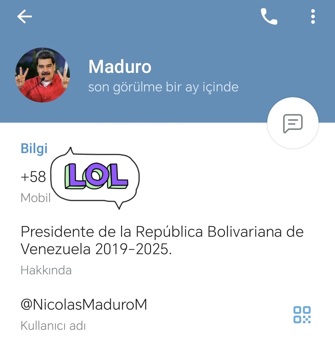 Bi ara Venezuela Başkanı Maduro'yu Whats App grubuna almıştık ama çıkmıştı. Arada Telegram'dan yazsam da görüldü atıyor ve artık Whats App'ı yok. 🥹