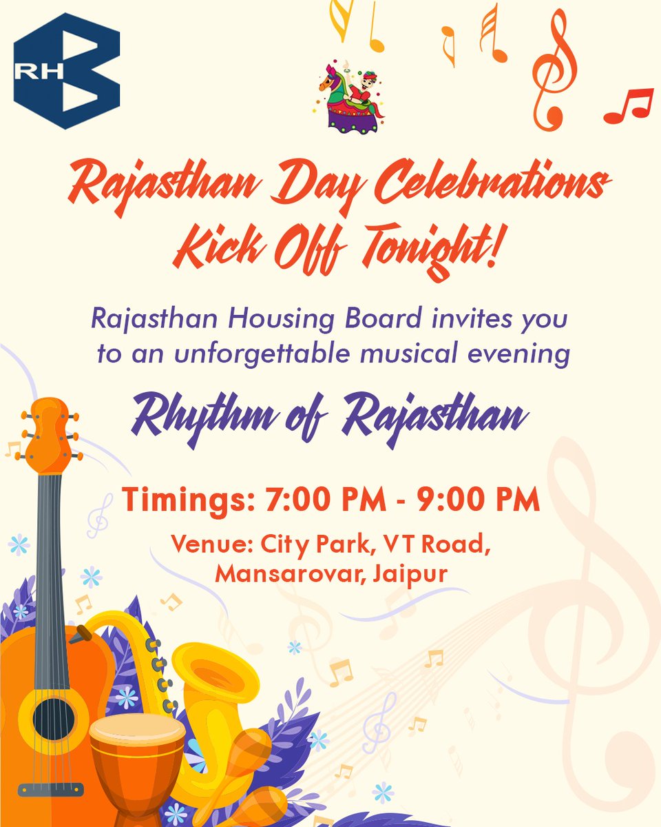 The wait is over! 

Rajasthan Day celebrations, hosted by RHB, begin tonight with "Rhythm of Rajasthan" – an evening filled with soulful folk melodies and vibrant beats. 

Join us at City Park, Jaipur from 7 PM onwards and be part of this unforgettable musical experience! 🎤