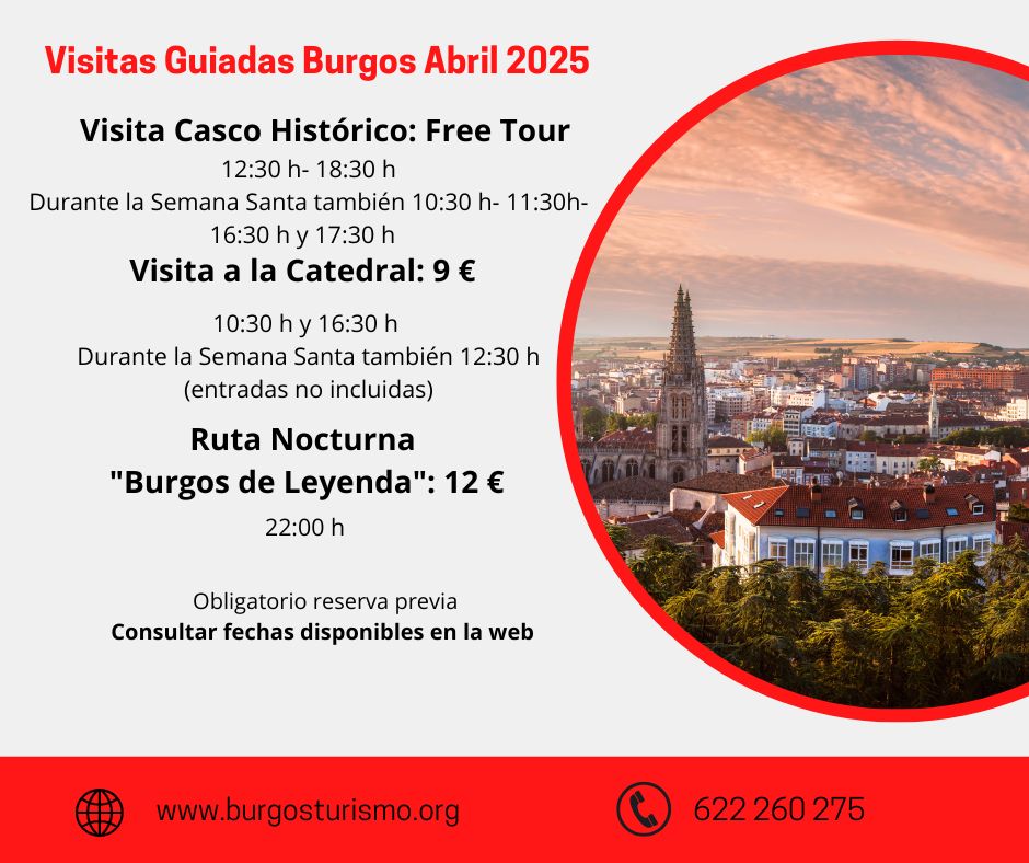 Durante el mes de abril, ampliamos nuestra programación de visitas guiadas con motivo de la Semana Santa.
IMPORTANTE: consulta nuestra web burgosturismo.org para comprobar que día estará disponible cada horario.
Reserva con antelación para no quedarte sin plazas.