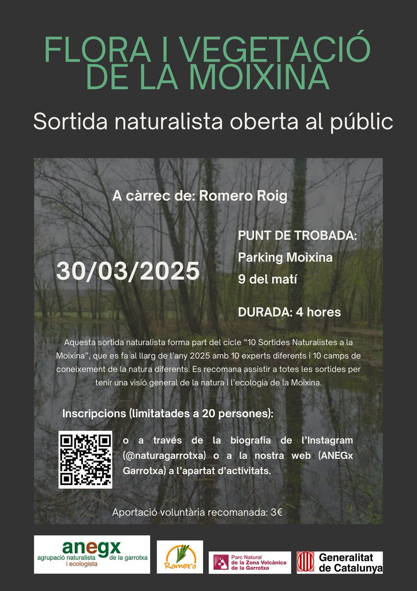 Vols conèixer, aprofundir o compartir coneixements sobre la flora i la vegetació de la Moxina? 
📣 Apunta't aquest diumenge dia 30 de març a la sortida naturalista que hem organitzat amb en Romero Roig (biòleg).
🖊Inscripcions (límit 20 participants): docs.google.com/forms/d/e/1FAI…