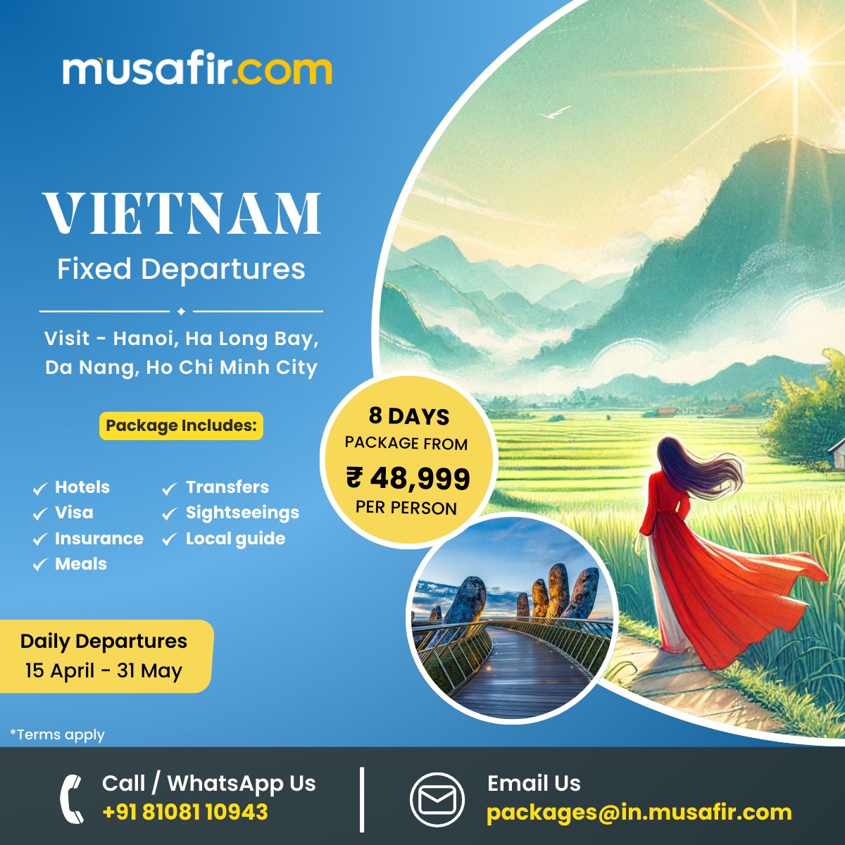 Vietnam is calling! Join our 8-day, 3-city group tour for just ₹48,999. Explore our package, which includes visa and insurance. Fixed departures!

Let's go! ➡️bit.ly/4cciJlR

#VietnamGroupTour #BudgetTravel  #MusafirDotComIndia #ghiblistyle #Ghibli #GhibliStudios