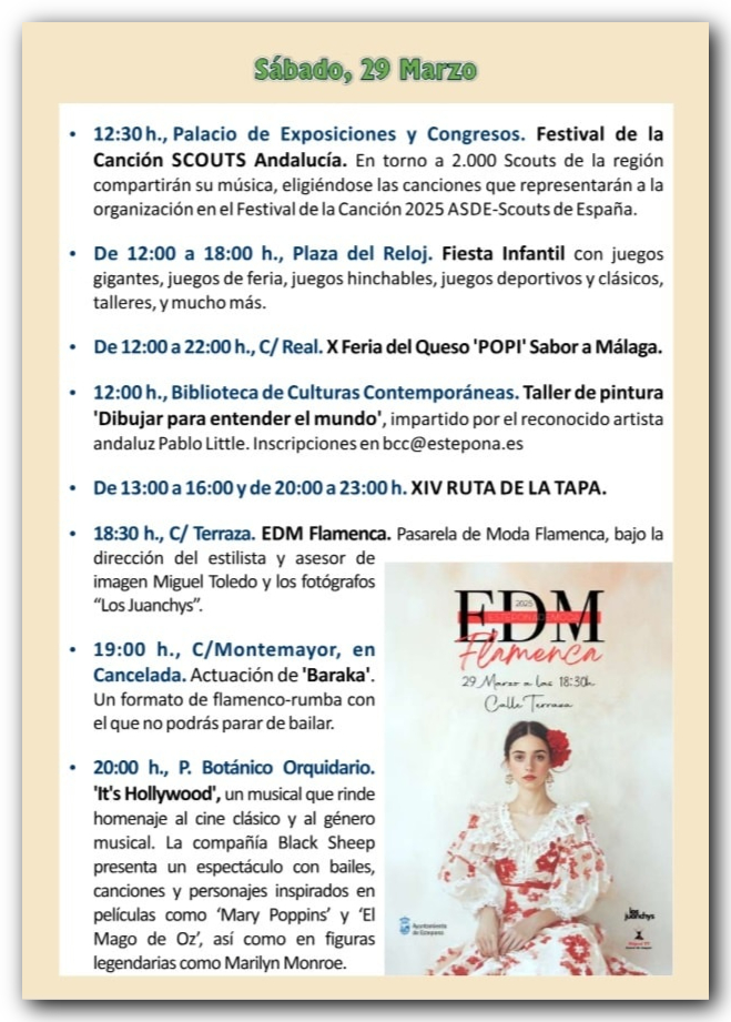 EsteponaTurAyto's tweet photo. Este fin de semana, vive Estepona, Vive sus calles...¡No te pierdas nada! ^_^ This weekend, live Estepona, live its streets... Don't miss a thing!
#estepona #esteponaesocio #esteponaisfun #esteponatedivierte https://t.co/snfyZKyiTB