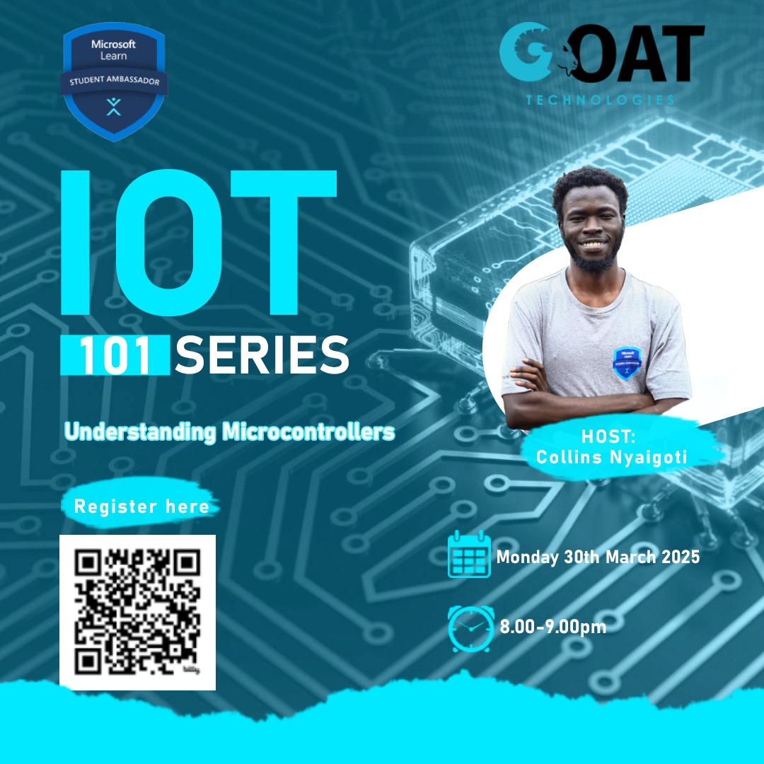 goat_teck's tweet photo. Join us this Monday for another session of the IoT 101 Series where we'll be covering: Understanding Microcontrollers.🥳
📅Date: Monday, 30th March 2025
🕒Time: 8:00-9:00pm (EAT)
✍️Register Here: https://t.co/7fU9uOHXfo
#GOATTechnologies #MLSADeKUT #IoT101Series https://t.co/Q3o5WZdGNF