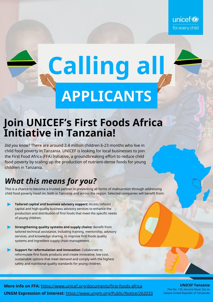 Are you a Tanzania company making nutritious, safe, sustainable #firstfoods for kids? UNICEF invites you to apply for the selection process for its First Food Initiative to reduce #childfoodpoverty in Tanzania:
🔗: unicef.link/4l2fn8Z.
🔗: unicef.link/4l7cN1c