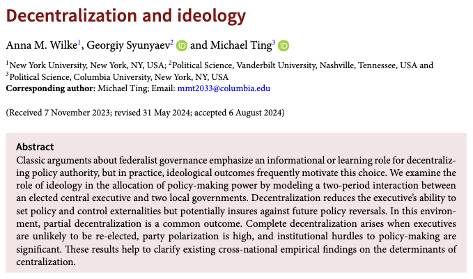 PSRM Journal (@psrmjournal) on Twitter photo 💡Ideology can be a key factor in shaping the territorial (de)centralization of power.
➡️ <a href="/anna_m_wilke/">Anna Wilke</a> <a href="/syunyaev/">Georgiy (Gosha) Syunyaev</a> & M. Ting find that ideological polarization and re-election prospects drive politicians away from centralization cambridge.org/core/journals/… #FirstView 💡Ideology can be a key factor in shaping the territorial (de)centralization of power.
➡️ <a href="/anna_m_wilke/">Anna Wilke</a> <a href="/syunyaev/">Georgiy (Gosha) Syunyaev</a> & M. Ting find that ideological polarization and re-election prospects drive politicians away from centralization cambridge.org/core/journals/… #FirstView