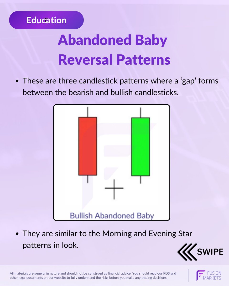 FusionMarkets's tweet image. Here's another 2 candle stick patterns to learn which may potentially help you with your trading. Check out the details of the 'Abandoned Baby' reversal patterns.

#forexpatterns #forexeducation #forexlearning #learntotrade
