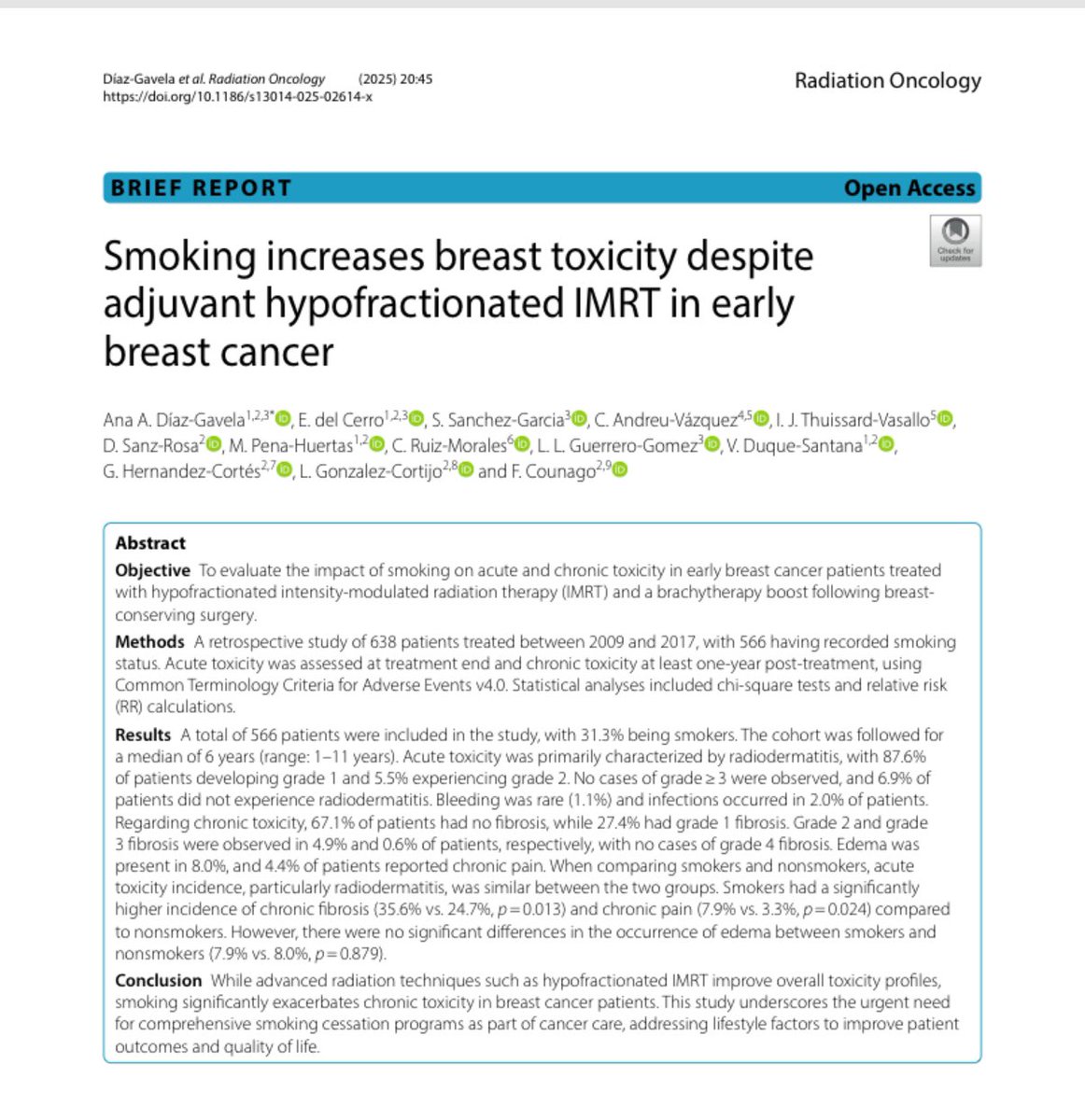 Felipe Couñago PhD (@fcounago) on Twitter photo • A new article is out on smoking, radiotherapy, and breast cancer.
• Congratulations to all the authors, and especially to Dr. <a href="/nus_k/">Ana Díaz Gavela</a>. This is the third paper from Ana’s PhD thesis, and she’s doing an outstanding job. My heartfelt congratulations!
rdcu.be/efqp5 • A new article is out on smoking, radiotherapy, and breast cancer.
• Congratulations to all the authors, and especially to Dr. <a href="/nus_k/">Ana Díaz Gavela</a>. This is the third paper from Ana’s PhD thesis, and she’s doing an outstanding job. My heartfelt congratulations!
rdcu.be/efqp5