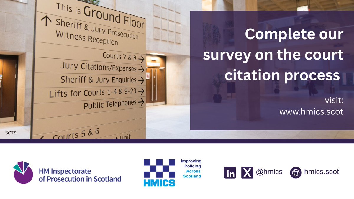 HMICS (@hmics) on Twitter photo Being cited to appear in court as a prosecution witness can be an emotional experience? If you received a citation, what happened? How did you feel? Please help @HMICS and <a href="/IP_Scotland/">HM Inspectorate of Prosecution in Scotland</a> improve the citation process by completing our survey.
Click the link below. Being cited to appear in court as a prosecution witness can be an emotional experience? If you received a citation, what happened? How did you feel? Please help @HMICS and <a href="/IP_Scotland/">HM Inspectorate of Prosecution in Scotland</a> improve the citation process by completing our survey.
Click the link below.