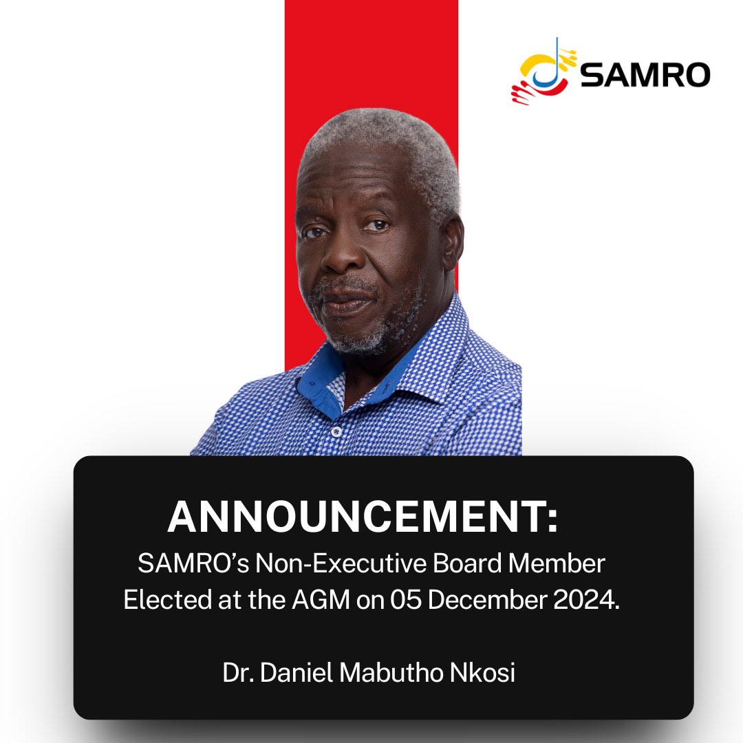SAMROMusic's tweet photo. SAMRO is pleased to announce the election of Dr. Daniel Mabutho Nkosi, veteran South African musician, to its Board of Directors. Known as Dan "Gandaganda" Nkosi, he brings nearly five decades of experience in music, mentorship, and community leadership.

Dr. Nkosi, a multi-platinum artist and cultural icon, has mentored artists like Rebecca Malope and Robbie Malinga. He was recently named Khoi and San Nation/Nama Chief and holds an Honorary Doctorate in Arts and Culture awarded by Rhodes University in 2021. 

His appointment strengthens SAMRO’s commitment to leadership and governance.
