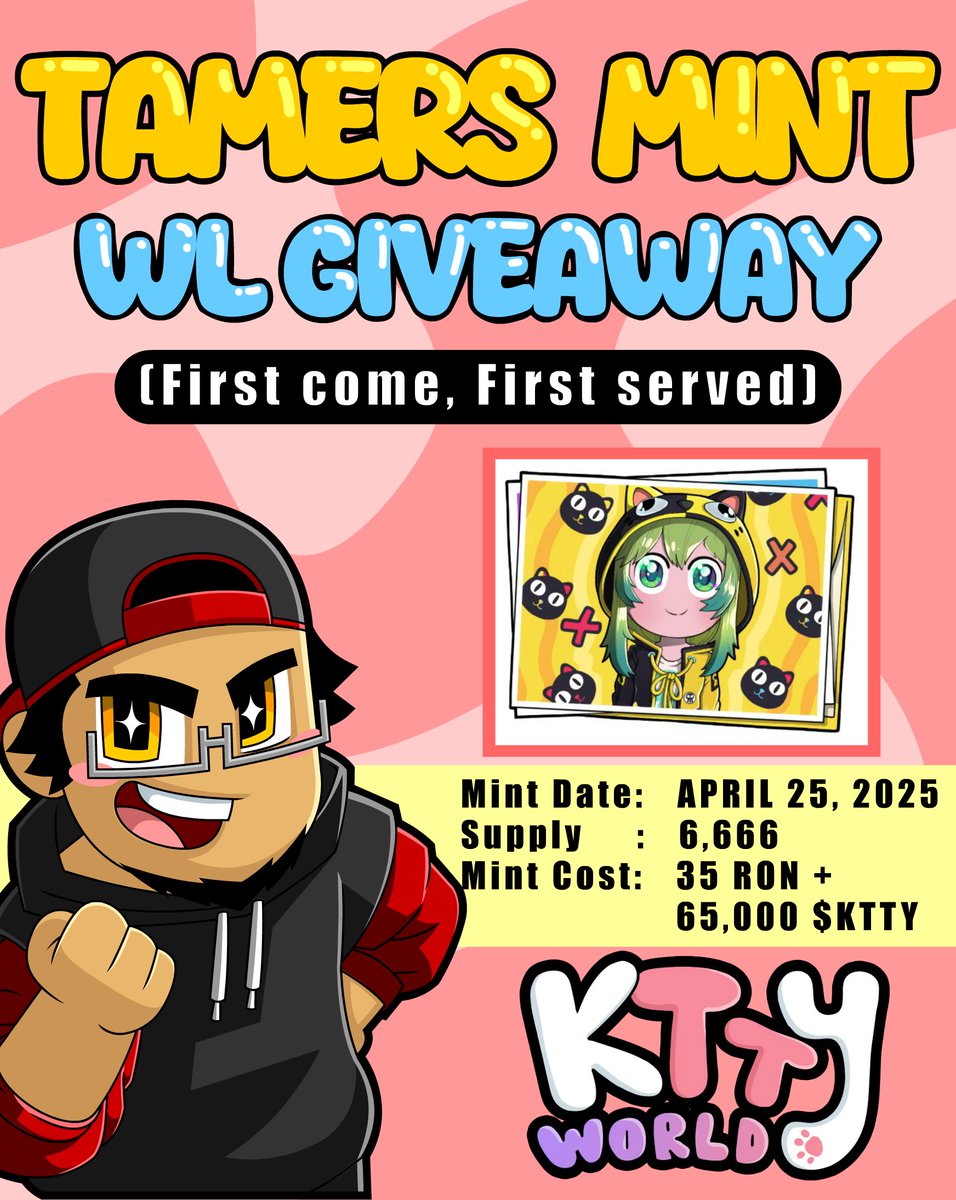 I'm giving away 5 FCFS WL slots for <a href="/Kttyworld/">KTTYWORLD</a> 's Tamers Mint!

✅Follow <a href="/Dekan1209/">xDEKAN_🇵🇭</a> and <a href="/Kttyworld/">KTTYWORLD</a> 
✅Join Discord discord.gg/P8qZsWjd
✅Like, Retweet and Tag 3 friends
✅Leave your Ronin address in the comments (no RNS)

⏰Winners drawn in 48 hrs.
 #RoninNetwork $KTTY #WL
