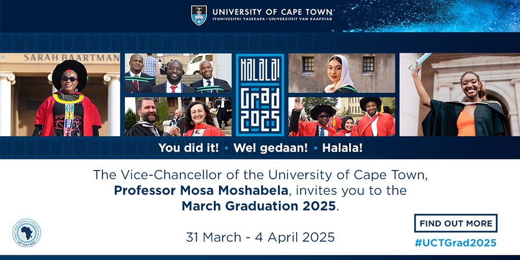 UCT’s March 2025 graduation season is almost here!

From Monday, 31 March to Friday, 4 April, the university will celebrate its graduands’ achievements with 15 ceremonies across six faculties.

Be part of the celebration by tuning in to the live stream on the university’s