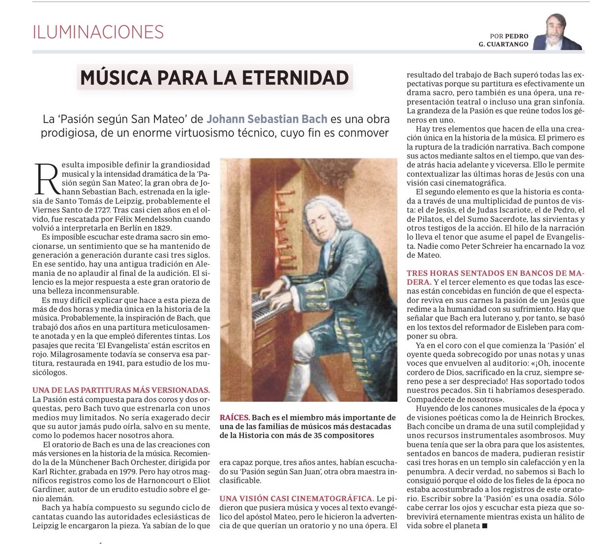 PedroCuartango's tweet photo. “La Pasión según San Mateo” de Bach es una obra prodigiosa, conmovedora y cuyo virtuosismo técnico es insuperable. Hay una tradición en Alemania de no aplaudir por respeto a esta creación cuya grandiosidad no se puede expresar con palabras. https://t.co/1WH9rwstuS