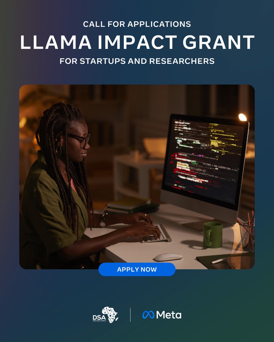 Exciting news! 

DSA, in partnership with <a href="/Meta/">Meta</a> is launching the Llama for Africa Grant Program — offering up to $20,000 to African startups, researchers &amp; labs using Llama 3.3 to create indigenous solutions.

Apply by April 18, 2025 ➡️bit.ly/3Bd1z9B