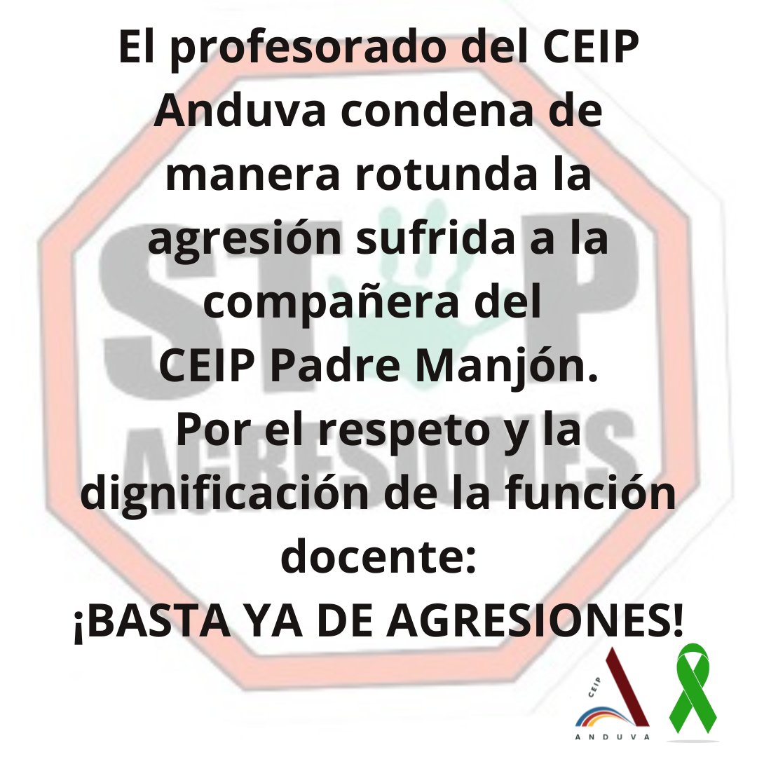 CEIP Anduva (@colegioanduva) on Twitter photo 🫸🏻¡BASTA YA DE AGRESIONES A LOS DOCENTES!
🛑 Condenamos de manera rotunda la agresión sufrida por la compañera del <a href="/PadreManjn/">CEIP Padre Manjón</a>.
🫂Desde Anduva queremos dar todo el apoyo y solidaridad a esta compañera en estos momentos.
✏️La educación es un DERECHO, el respeto un DEBER. 🫸🏻¡BASTA YA DE AGRESIONES A LOS DOCENTES!
🛑 Condenamos de manera rotunda la agresión sufrida por la compañera del <a href="/PadreManjn/">CEIP Padre Manjón</a>.
🫂Desde Anduva queremos dar todo el apoyo y solidaridad a esta compañera en estos momentos.
✏️La educación es un DERECHO, el respeto un DEBER.