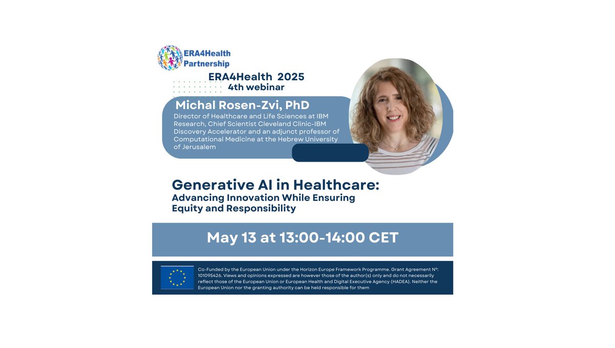 NEWSFLASH March, 2025
🗓️ Fourth webinar,  "𝗚𝗲𝗻𝗲𝗿𝗮𝘁𝗶𝘃𝗲 𝗔𝗜 𝗶𝗻 𝗛𝗲𝗮𝗹𝘁𝗵𝗰𝗮𝗿𝗲: 𝗔𝗱𝘃𝗮𝗻𝗰𝗶𝗻𝗴 𝗜𝗻𝗻𝗼𝘃𝗮𝘁𝗶𝗼𝗻 𝗪𝗵𝗶𝗹𝗲 𝗘𝗻𝘀𝘂𝗿𝗶𝗻𝗴 𝗘𝗾𝘂𝗶𝘁𝘆 𝗮𝗻𝗱 𝗥𝗲𝘀𝗽𝗼𝗻𝘀𝗶𝗯𝗶𝗹𝗶𝘁𝘆"
May 13th from 13:00-14:00 CET.

era4health.eu/assets/docs/fl…