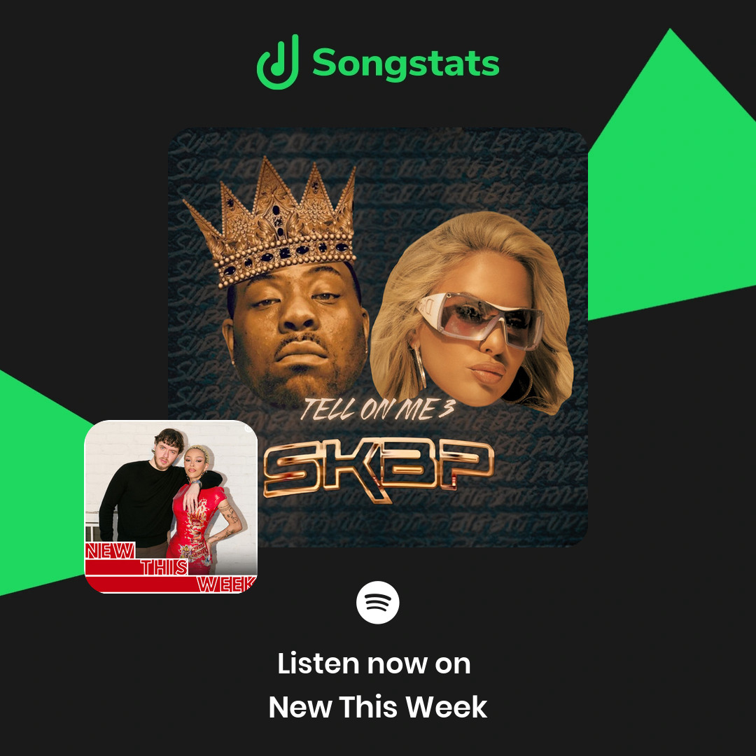 SongstatsApp's tweet photo. @SupaKingBigPope Woohoo!! Your track "Tell On Me 3 (feat. Tay Money)" was added to 'New This Week' with over 7199 Followers on Spotify! https://t.co/m9q5iduLTf