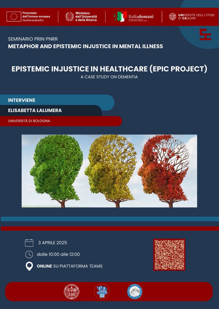 ali_guer's tweet photo. 👉Giovedì 3 APRILE h. 10-12 WEBINAR

🔎‘Epistemic injustice in healthcare (EPIC project): a case study on dementia'
Speaker: Elisabetta Lalumera
(Università di Bologna)

Info: https://t.co/c81OnXDUFz

🔴🔵Prin Pnrr Project 'Metaphor and epistemic injustice in mental illness' https://t.co/4azWHC4ymW